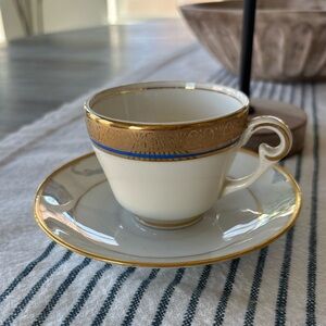 🍃💕 Vintage Bavarian Gold-Trim Porcelain Teacup & Saucer with Blue Accent